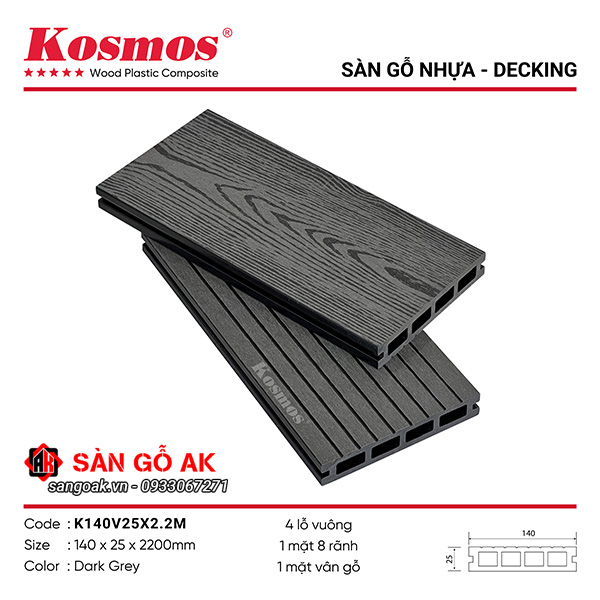 Sàn gỗ nhựa ngoài trời Kosmos lỗ tròn K140V25X2.2M màu Dark Grey