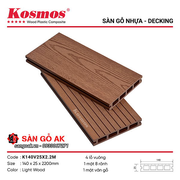 Sàn gỗ nhựa ngoài trời Kosmos lỗ tròn K140V25X2.2M màu Light Wood