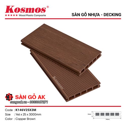 Sàn gỗ nhựa ngoài trời Kosmos lỗ vuông K146V25X3M Copper Brown