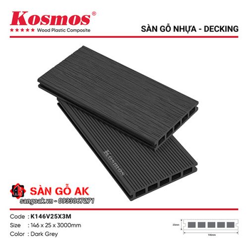 Sàn gỗ nhựa ngoài trời Kosmos lỗ vuông K146V25X3M Dark Grey