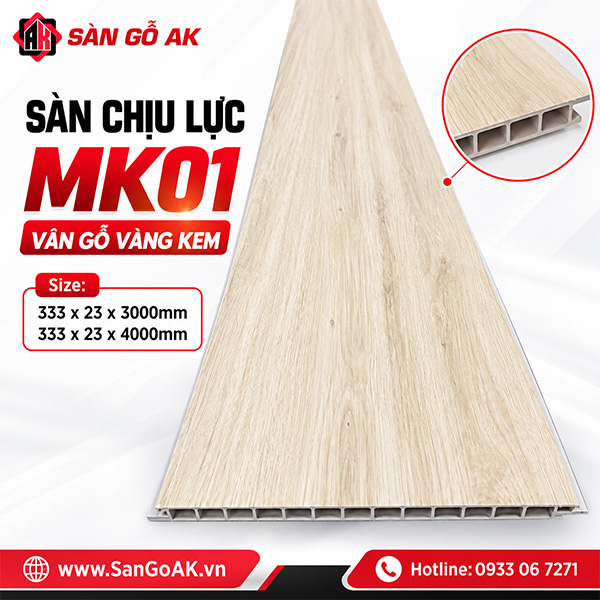 Sàn nhựa chịu lực MK01 nổi bật với sắc vàng kem trang nhã và kích thước 333 x 23 x 3000/4000mm