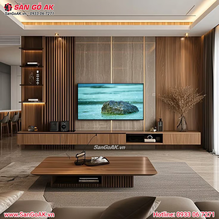 Sử dụng lam sóng giả gỗ và tấm nhựa giả đá tạo điểm nhấn phòng khách ấn tượng