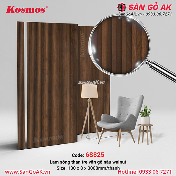 Tấm ốp lam sóng sợi than tre vân gỗ màu nâu walnut 6S825