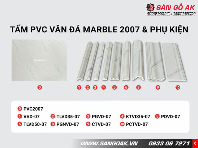 Tấm ốp PVC vân đá Marble trắng vân chớp PVC2007 và phụ kiện đồng màu