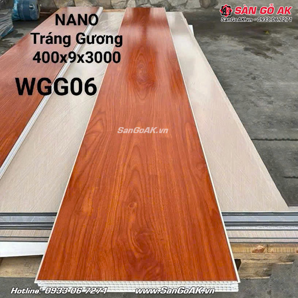 Tấm ốp Nano WGG06 có bề mặt vân gỗ đỏ cam tráng gương siêu bóng
