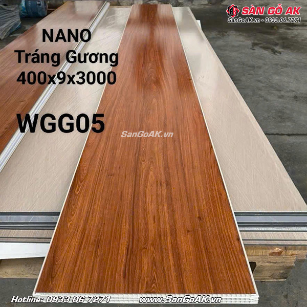 Tấm ốp Nano WGG05 có bề mặt vân gỗ vàng cam tráng gương siêu bóng