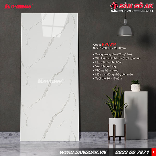 Tấm ốp PVC314 vân đá trắng sứ ít bám bẩn, dễ vệ sinh và có độ bền cao