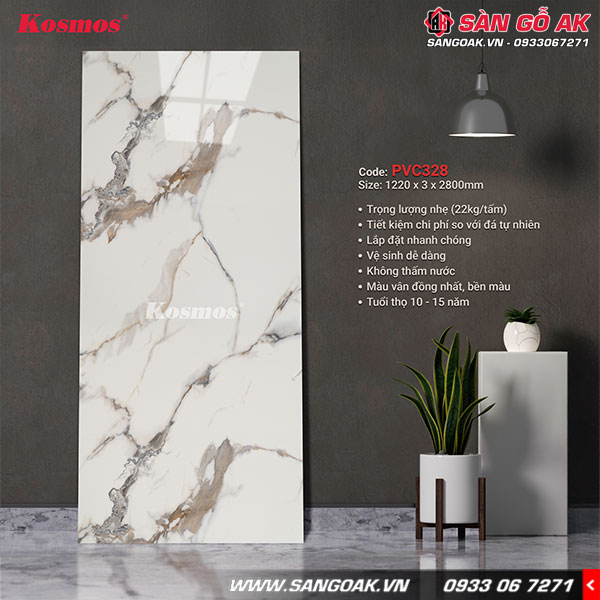 Tấm ốp PVC328 Marble trắng vân mây vàng, có trọng lượng nhẹ dễ lắp đặt