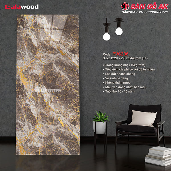 Những ưu điểm nổi bật của tấm ốp PVC vân đá Galawood PVC236 dát vàng