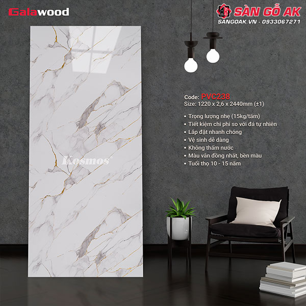 Những ưu điểm nổi bật của tấm ốp PVC vân đá Galawood PVC238 dát vàng