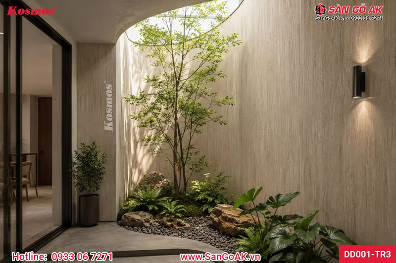 Tấm ốp Travertine Romano vàng nâu ứng dụng không gian giếng trời