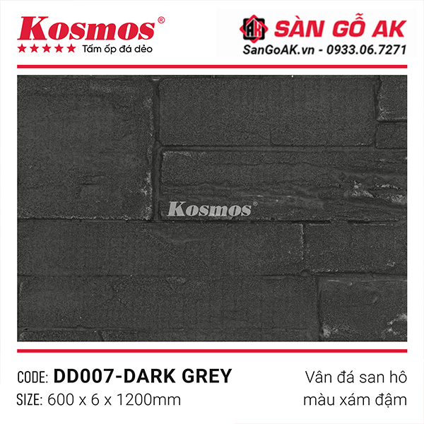 Bề mặt tấm ốp vân đá san hô DD007-DARK GREY màu xám đậm