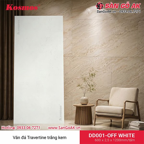 Mẫu tấm ốp đá dẻo Travertine DD001 trắng kem