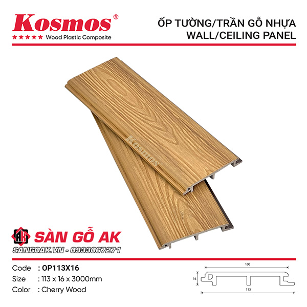 Tấm ốp gỗ nhựa phủ ASA Kosmos OP113X16 vân gỗ 3D màu Cherry Wood