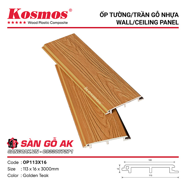 Tấm ốp gỗ nhựa phủ ASA Kosmos OP113X16 vân gỗ 3D màu Golden Teak
