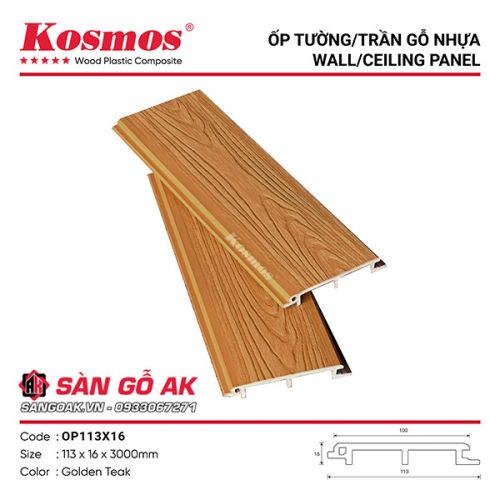 Tấm ốp gỗ nhựa ngoài trời ASA Kosmos OP113X16 Golden Teak