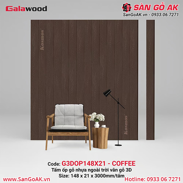 Tấm ốp gỗ nhựa Galawood G3DOP148X21 vân gỗ 3D màu Coffee