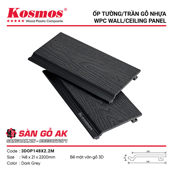 Tấm ốp gỗ nhựa Kosmos 3DOP148X2.2M vân gỗ 3D màu Dark Grey