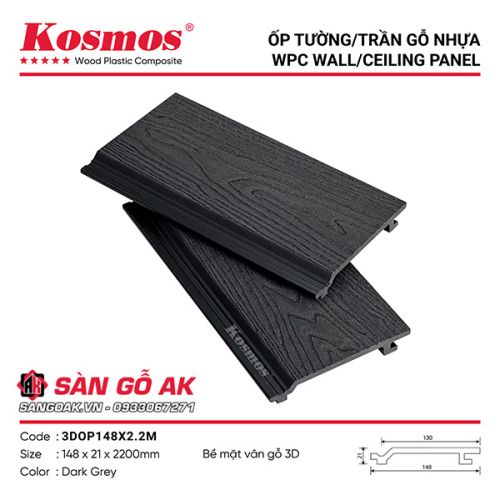 Tấm ốp gỗ nhựa ngoài trời Kosmos vân 3D 3DOP148X2.2M Dark Grey