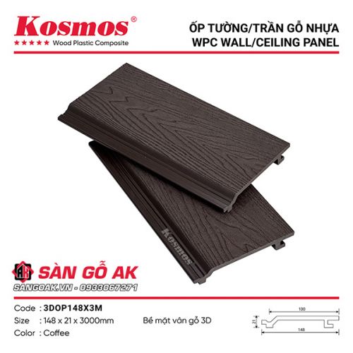 Tấm ốp gỗ nhựa ngoài trời Kosmos vân 3D 3DOP148X3M Coffee