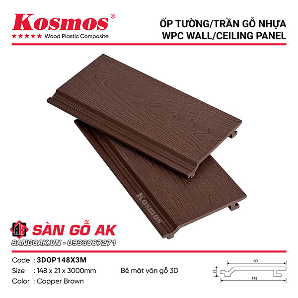 Tấm ốp gỗ nhựa Kosmos 3DOP148X3M vân gỗ 3D màu Copper Brown