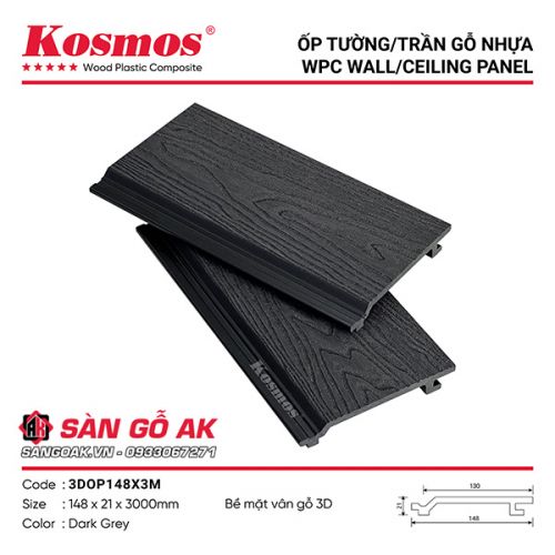 Tấm ốp gỗ nhựa ngoài trời Kosmos vân 3D 3DOP148X3M Dark Grey