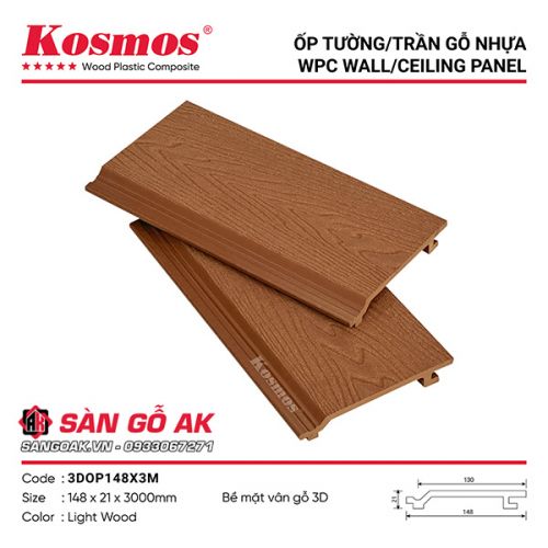 Tấm ốp gỗ nhựa ngoài trời Kosmos vân 3D 3DOP148X3M Light Wood