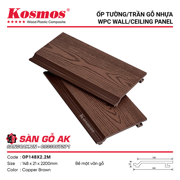 Tấm ốp gỗ nhựa Kosmos OP148X2.2M vân gỗ, vân sọc màu Copper Brown