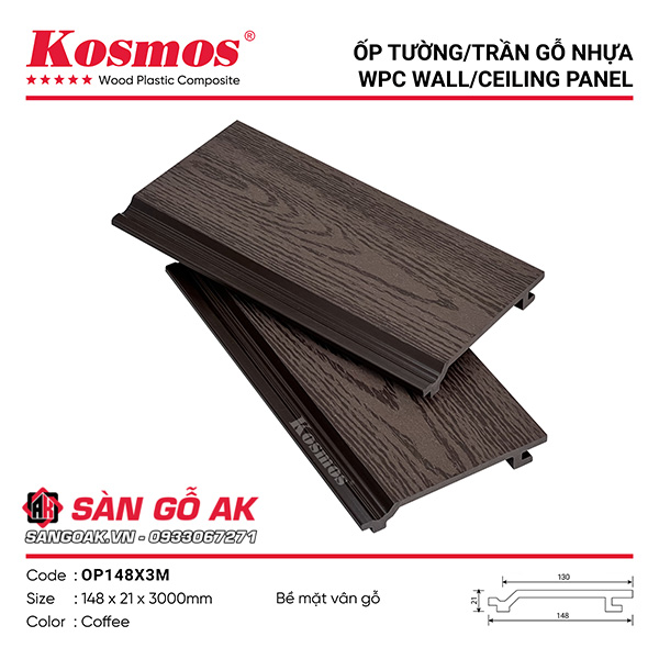 Tấm ốp gỗ nhựa Kosmos OP148X3M vân gỗ màu Coffee