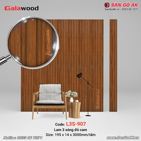 Lam sóng Galawood L3S-907 có thiết kế 3 sóng vân gỗ đỏ cam