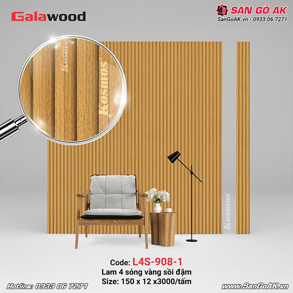 Lam sóng Galawood L4S-908-1 có thiết kế 4 sóng vân gỗ sồi màu vàng đậm