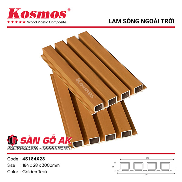 Tấm ốp lam sóng gỗ nhựa phủ ASA Kosmos 4S184X28 màu Golden Teak