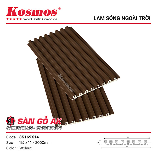 Tấm ốp lam sóng gỗ nhựa phủ ASA Kosmos 8S169X14 màu Walnut