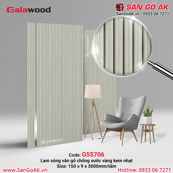 G5S706 là tấm ốp lam sóng đồng màu than tre Galawood vân gỗ chống xước vàng kem nhạt