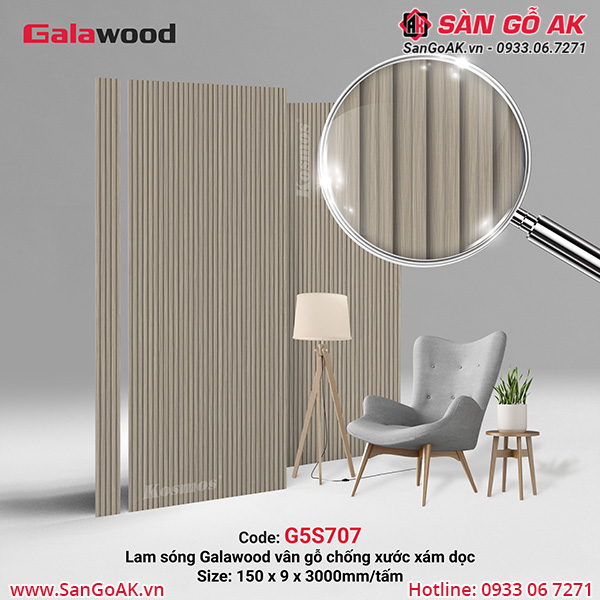 G5S707 là tấm ốp lam sóng đồng màu than tre Galawood vân gỗ chống xước xám dọc