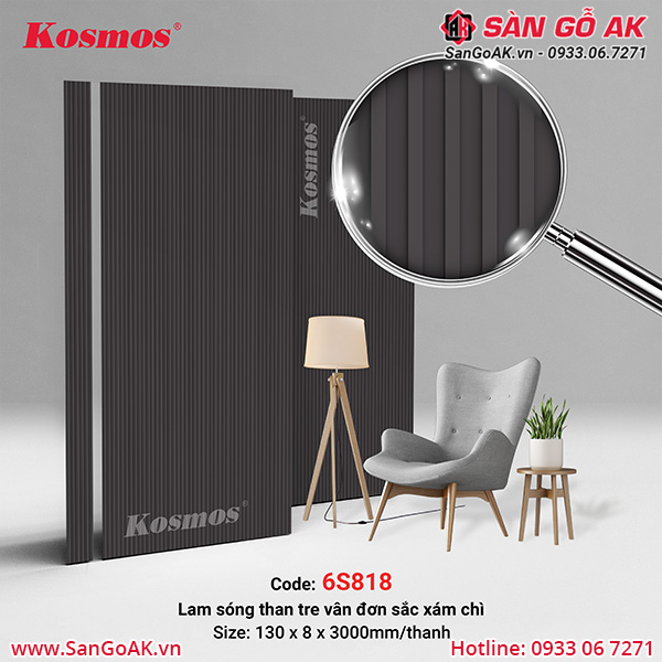 Tấm ốp lam 6 sóng than tre đơn sắc xám 6S818