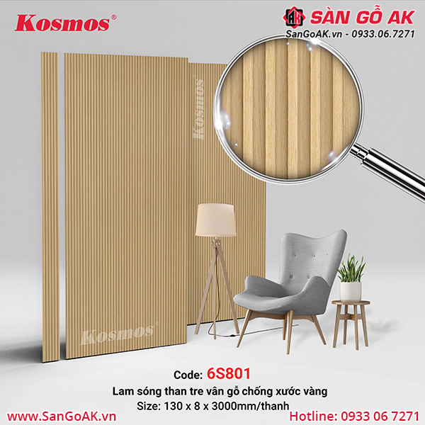 Tấm ốp lam sóng sợi than tre vân gỗ chống xước vàng 6S801