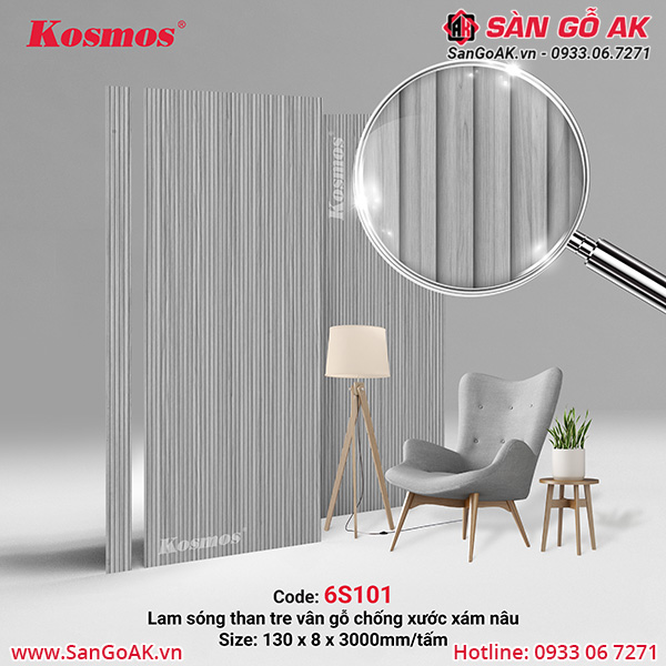 Tấm ốp lam sóng sợi than tre vân gỗ chống xước xám nâu 6S101