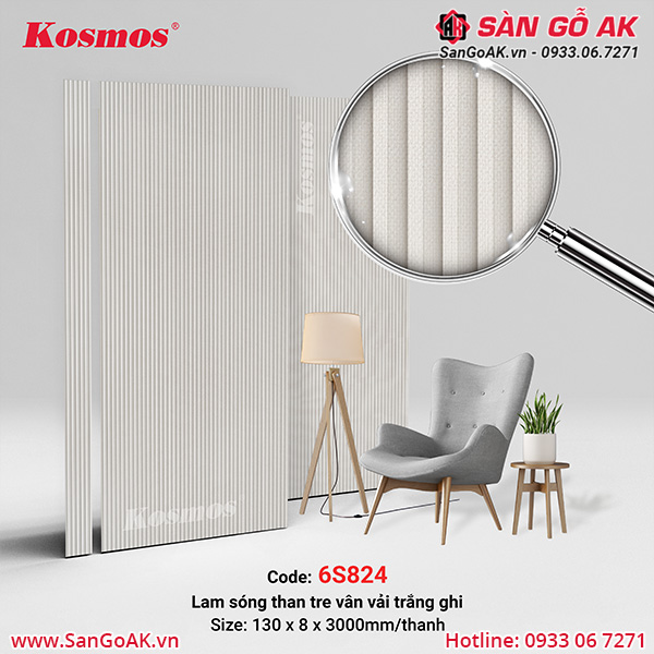 Tấm ốp lam 6 sóng than tre vân vải trắng ghi 6S825