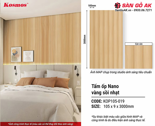 Tấm ốp Nano bản nhỏ KOP105-019 vân gỗ sồi vàng nhạt