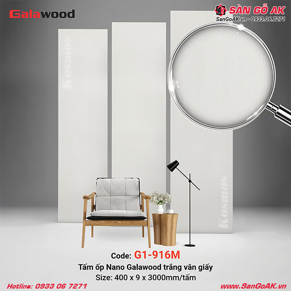 Tấm ốp Nano Galawood G1-916M vân giấy trắng sang trọng, hiện đại