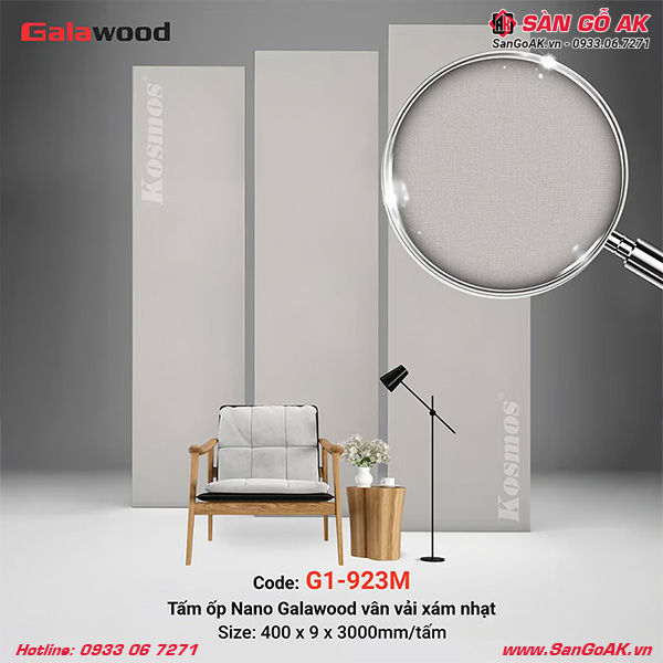 Tấm ốp Nano Galawood G1-923M vân vải xám nhạt sang trọng, hiện đại