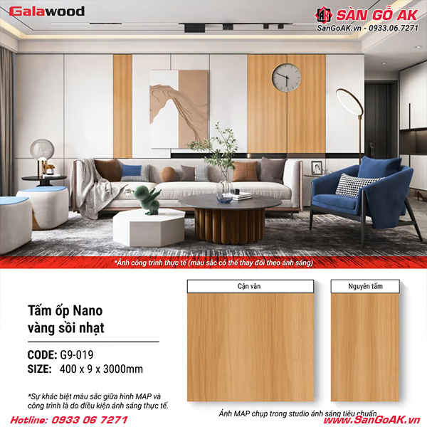 Tấm ốp Nano Galawood G9-019 vân gỗ vàng sồi nhạt sang trọng, ấm cúng