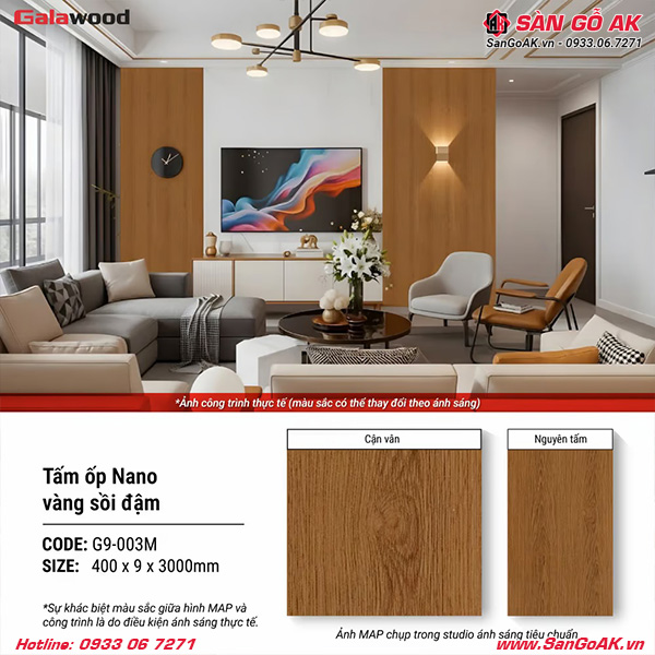 Tấm ốp Nano Galawood G9-003M vân gỗ sồi vàng đậm sang trọng, ấm cúng