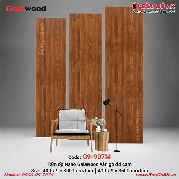 Tấm ốp Nano Galawood G9-907M vân gỗ đỏ cam sang trọng, ấm áp