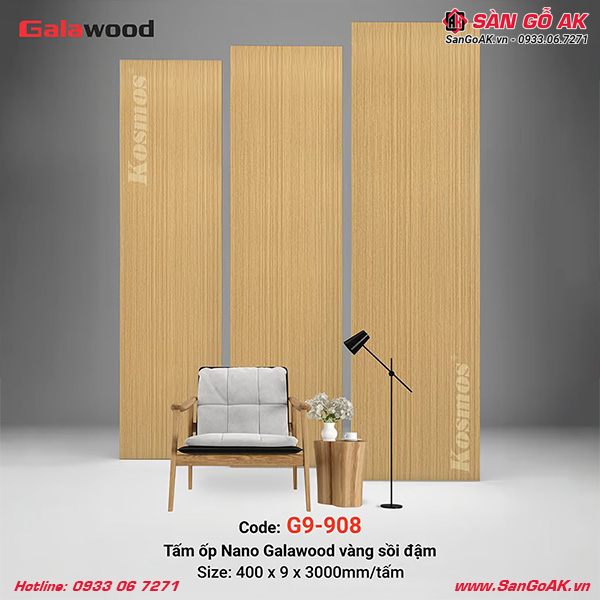 Tấm ốp Nano Galawood G9-908 vân gỗ sồi màu vàng đậm hiện đại, đẳng cấp
