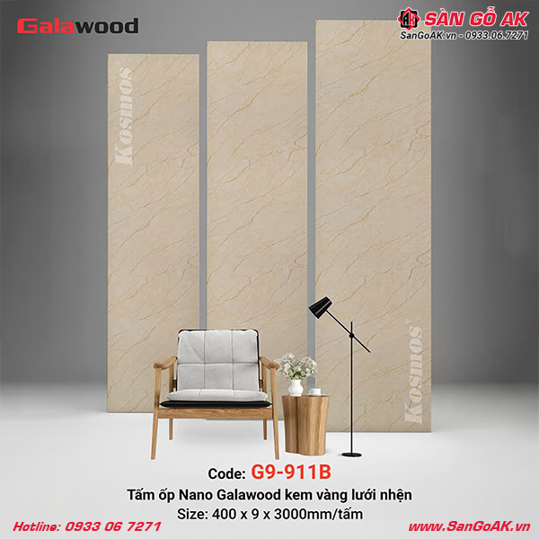 Tấm ốp Nano Galawood G9-911B vân đá kem vàng sang trọng, hiện đại