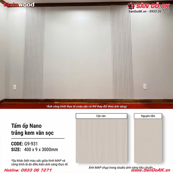 Tấm ốp Nano Galawood G9-931 trắng kem vân sọc sang trọng, tinh tế