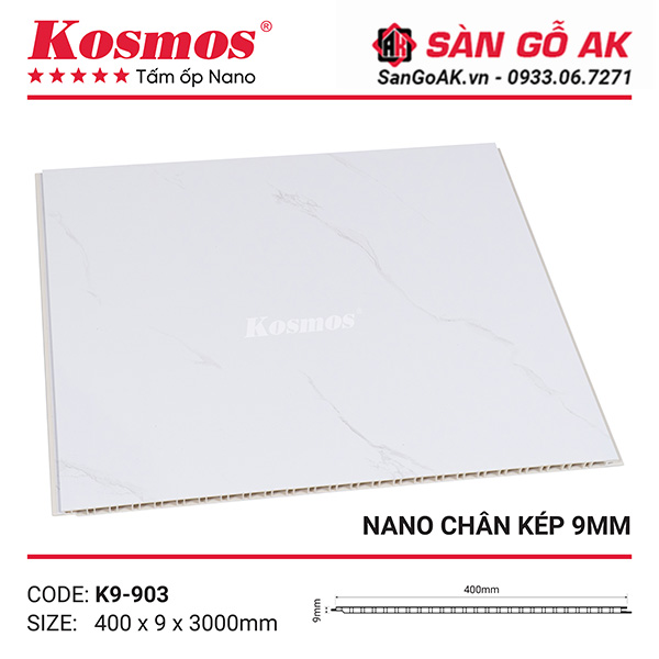 Tấm ốp nhựa Nano chân kép 9mm Kosmos K9-903 trắng vân mây
