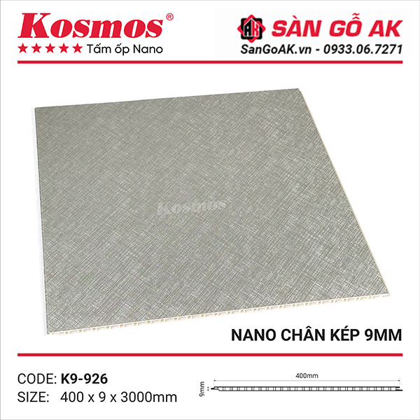 Tấm ốp nhựa Nano chân kép 9mm Kosmos K9-926 vân kim loại xước xám bạc